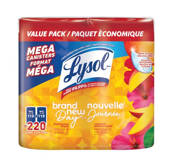 Packshot de Lysol lingettes désinfectantes, mangue et hibiscus, 2x110 unités