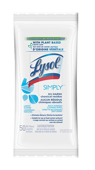 Packshot de Lingettes Désinfectantes Lysol Simply en pochette plate - Non parfumées 50 unités