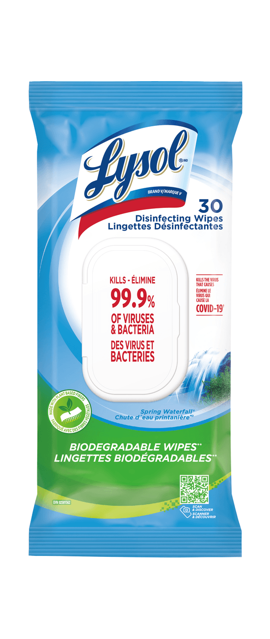 Packshot of Lysol Disinfectant Wipes - Biodegradable Wipes - Spring Waterfall