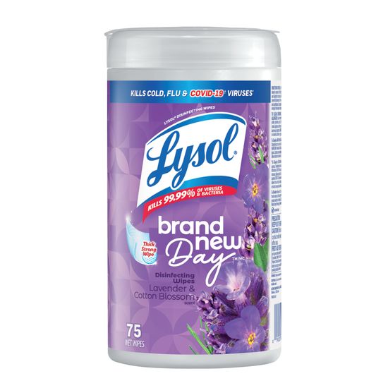 Packshot de Lysol lingettes désinfectantes, lavande et fleur de coton, 75 unités