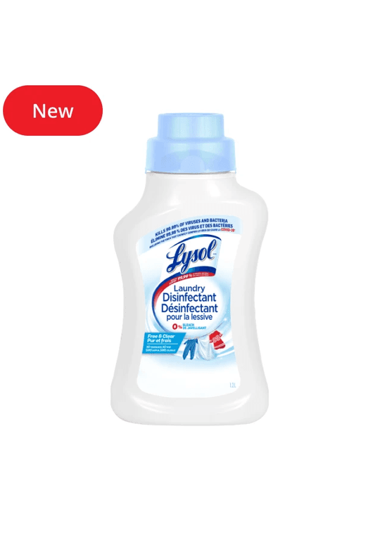Packshot of Lysol Laundry Disinfectant - Free & Clear with "New" badge