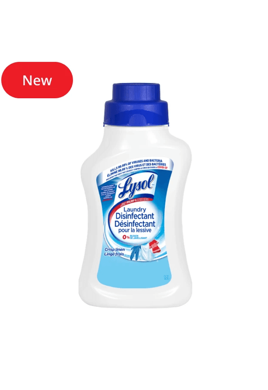 Packshot of Lysol Laundry Disinfectant - Crisp Linen with "New" badge