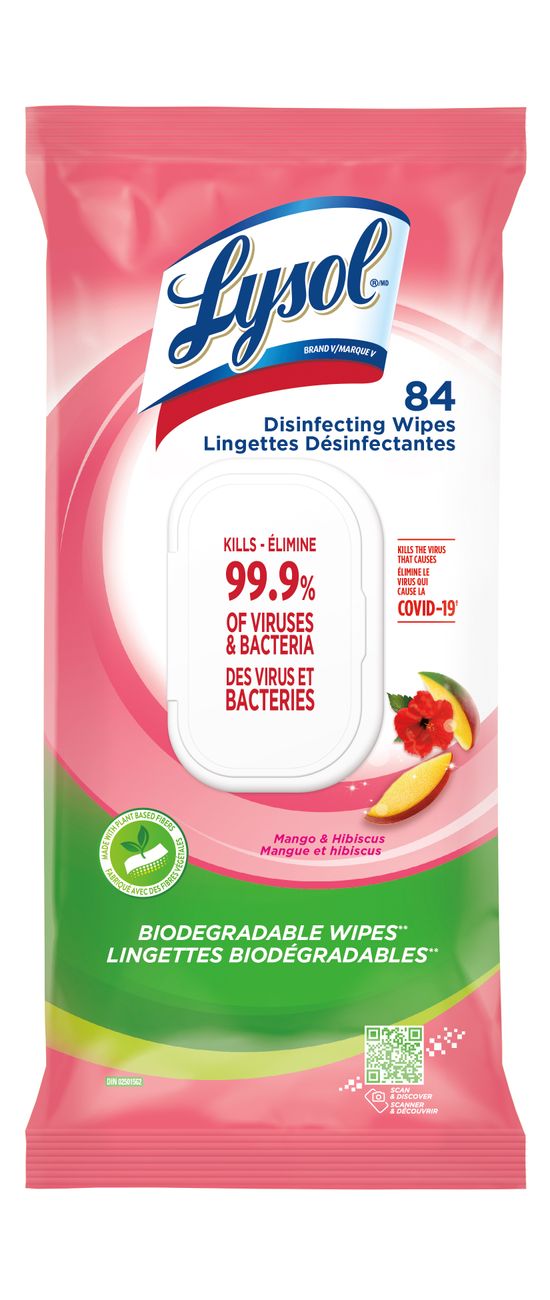 Packshot of Lysol Disinfectant Wipes - Biodegradable Wipes - Mango and Hibiscus