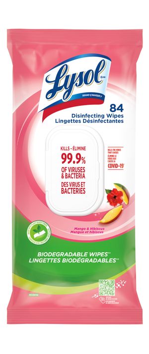 Packshot de Lingettes Désinfectantes Lysol - Lingettes Biodégradables - Mangue et hibiscus