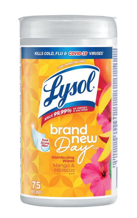 Packshot de Lysol lingettes désinfectantes, mangue et hibiscus, 75 unités