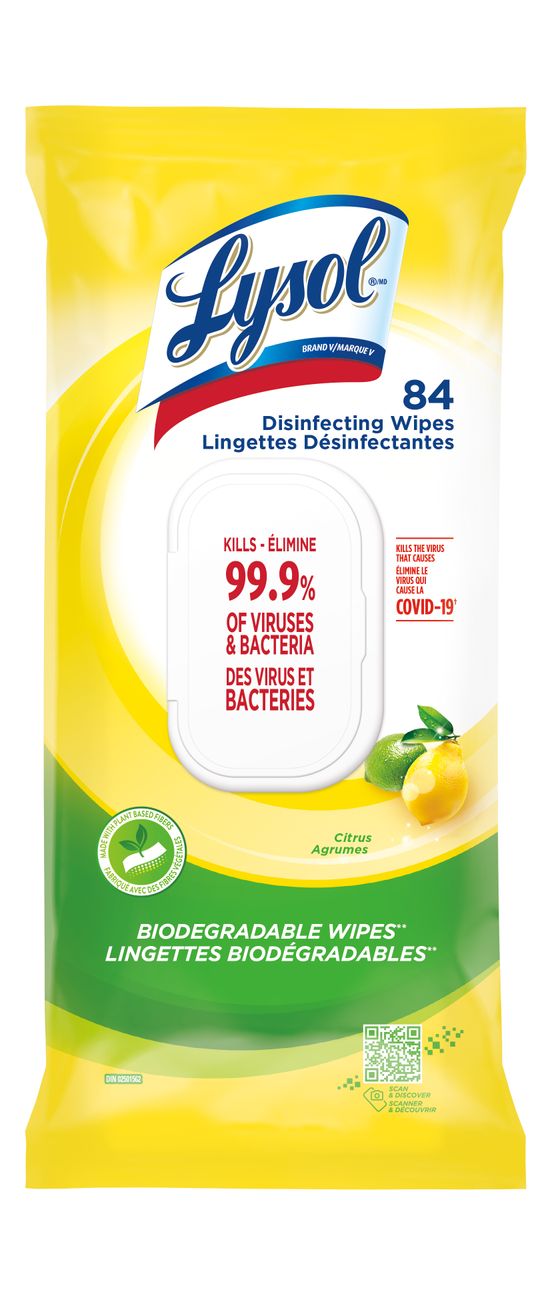 Packshot de Lingettes Désinfectantes Lysol - Lingettes Biodégradables - Agrumes